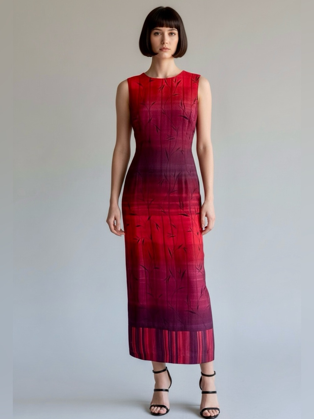 90s Y2K Dark Romantic Red Ombre SILK Minimalist Maxi Column Dress | S